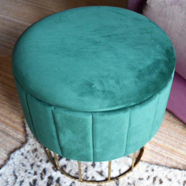 Emerald Green Round Ottoman Stool with a Gold Base - Image 3
