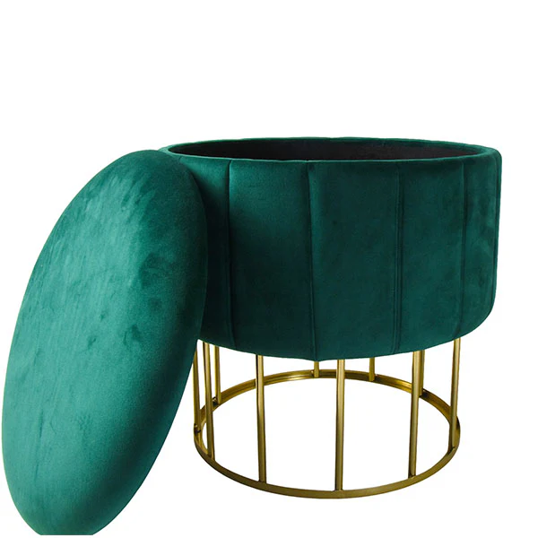 Emerald Green Round Ottoman Stool with a Gold Base - Image 4