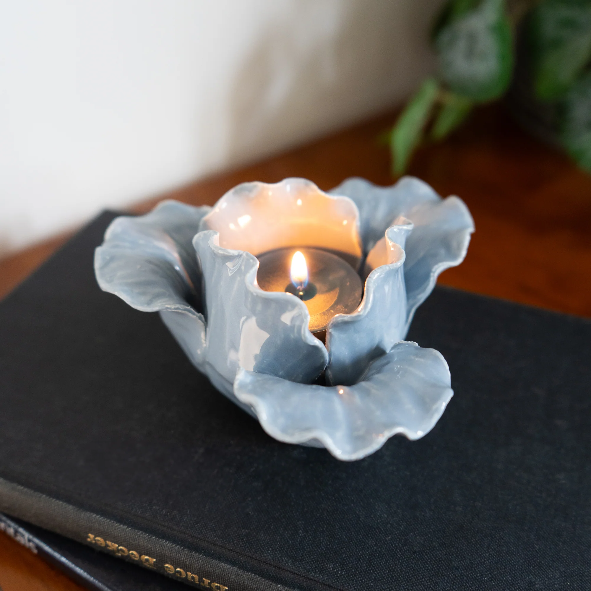 Blue Glass Flower-Shaped Tealight Holder