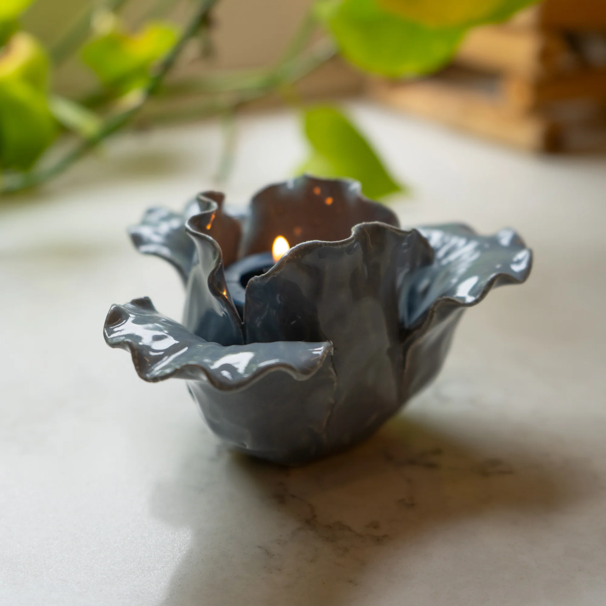 Blue Glass Flower-Shaped Tealight Holder - Image 2