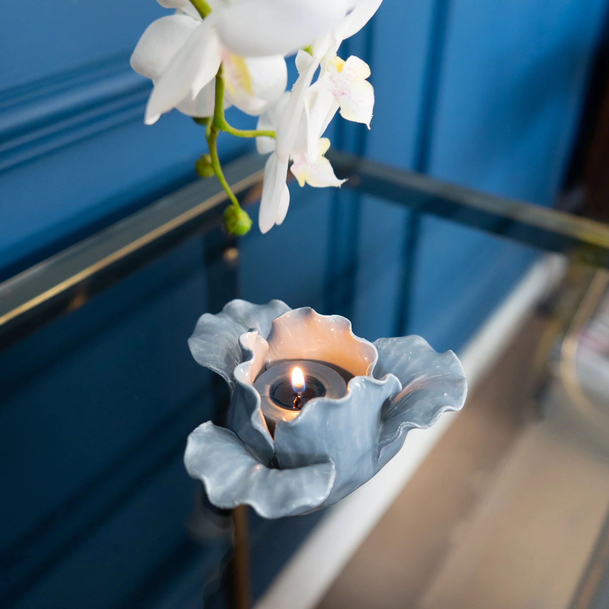 Blue Glass Flower-Shaped Tealight Holder - Image 3