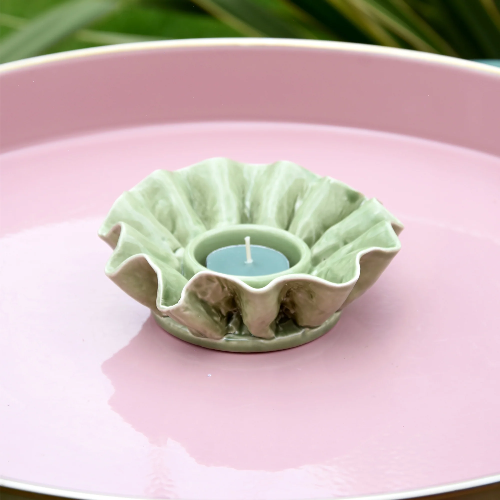 Green Glass Flower-Shaped Tealight Holder - Image 3