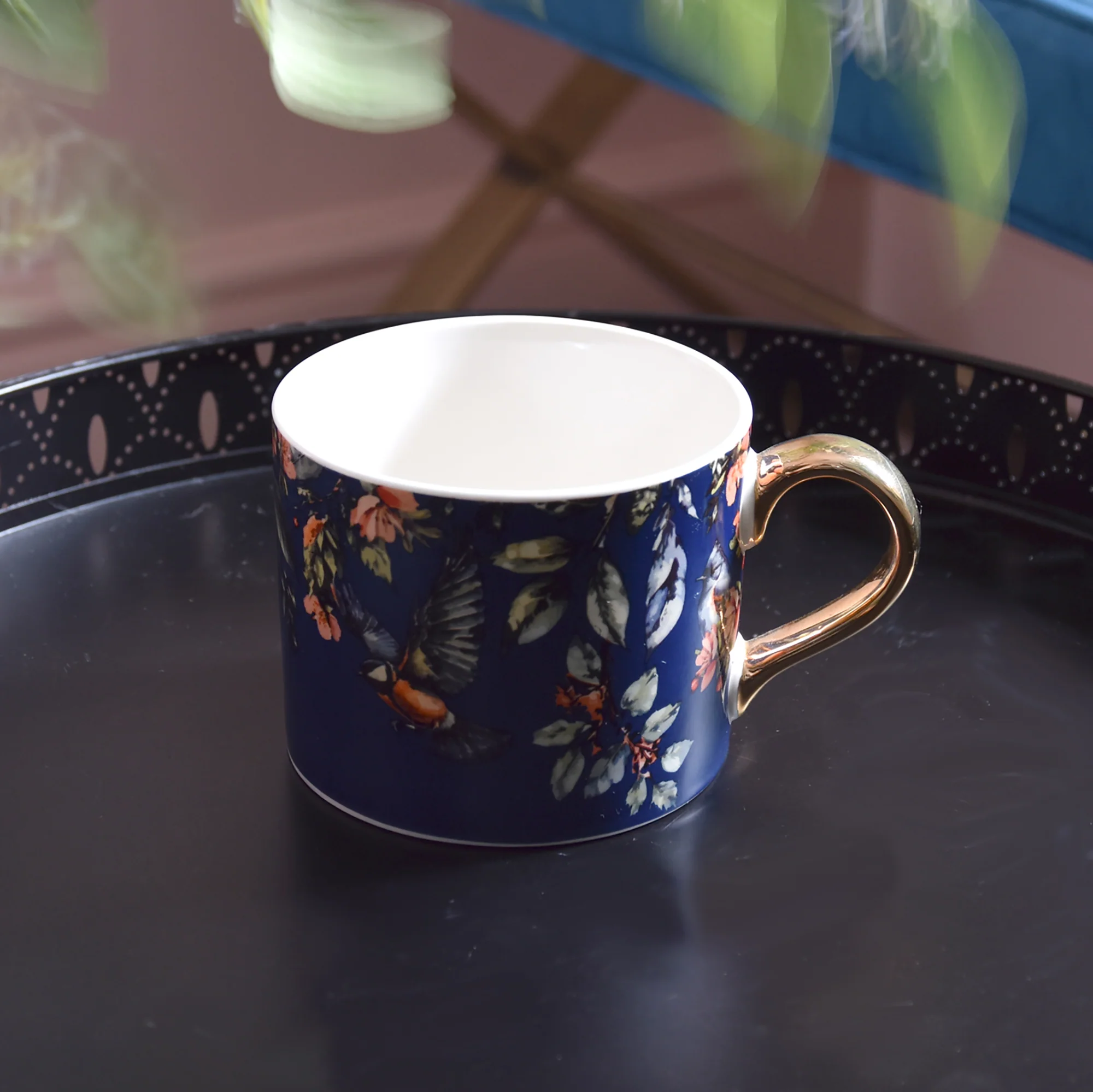 Garden Blooms Blue Mug with Gold Handle