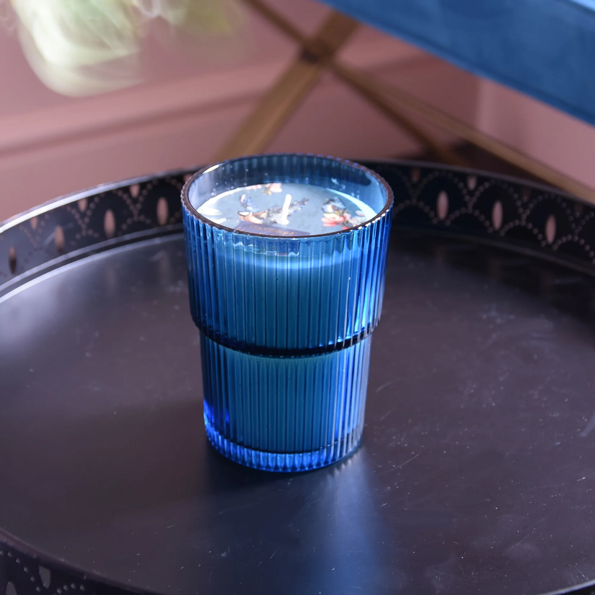 Garden Blooms Scented Large Blue Ridged Glass Candle