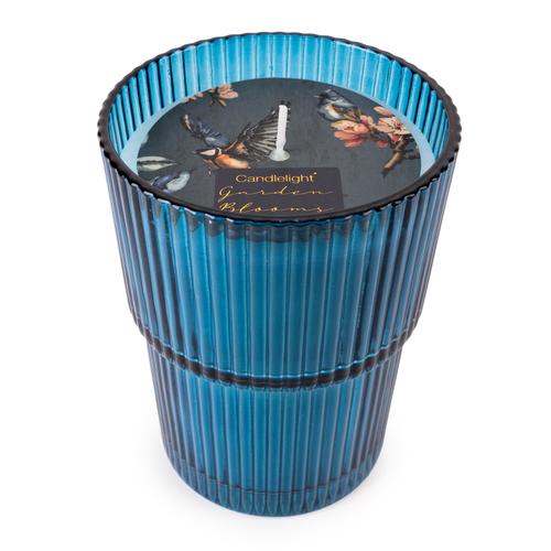 Garden Blooms Scented Large Blue Ridged Glass Candle - Image 3