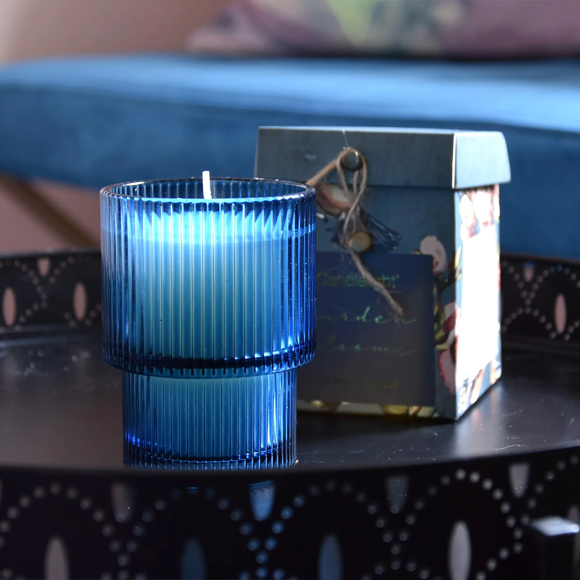 Garden Blooms Scented Small Blue Ridged Glass Candle