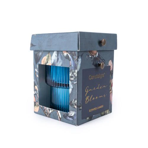 Garden Blooms Scented Small Blue Ridged Glass Candle - Image 3