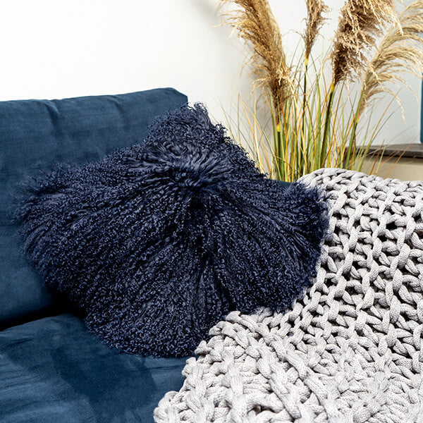 Genuine Navy Mongolian Lambswool and Suede Cushion