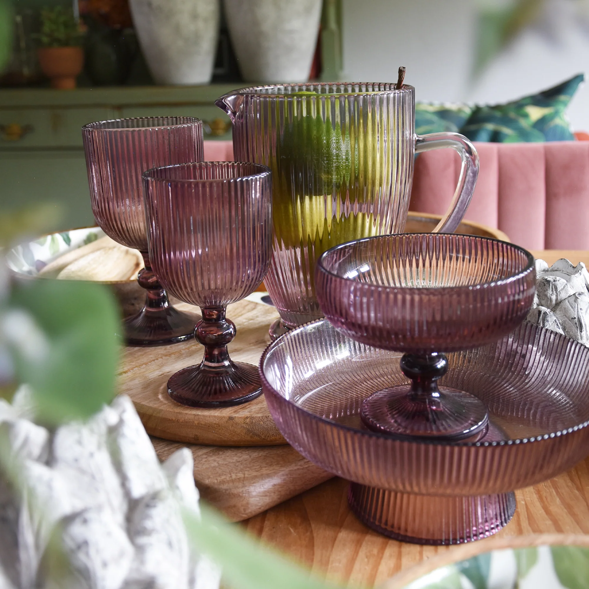 Glass Bowl On Stand Striped Plum - Image 3