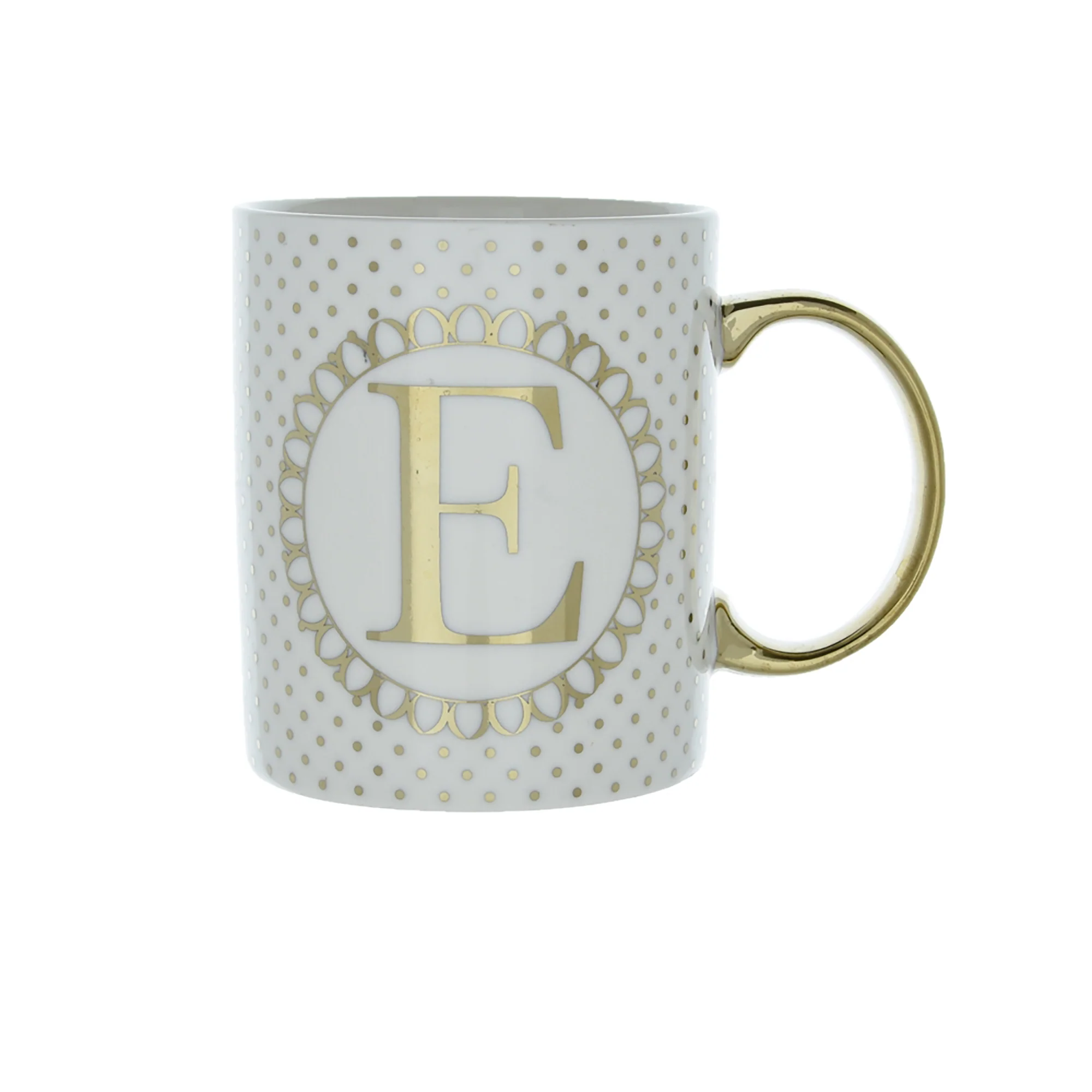 Gold and White Personalised Mug with a Gold Handle and Initial "E" Design - Image 2