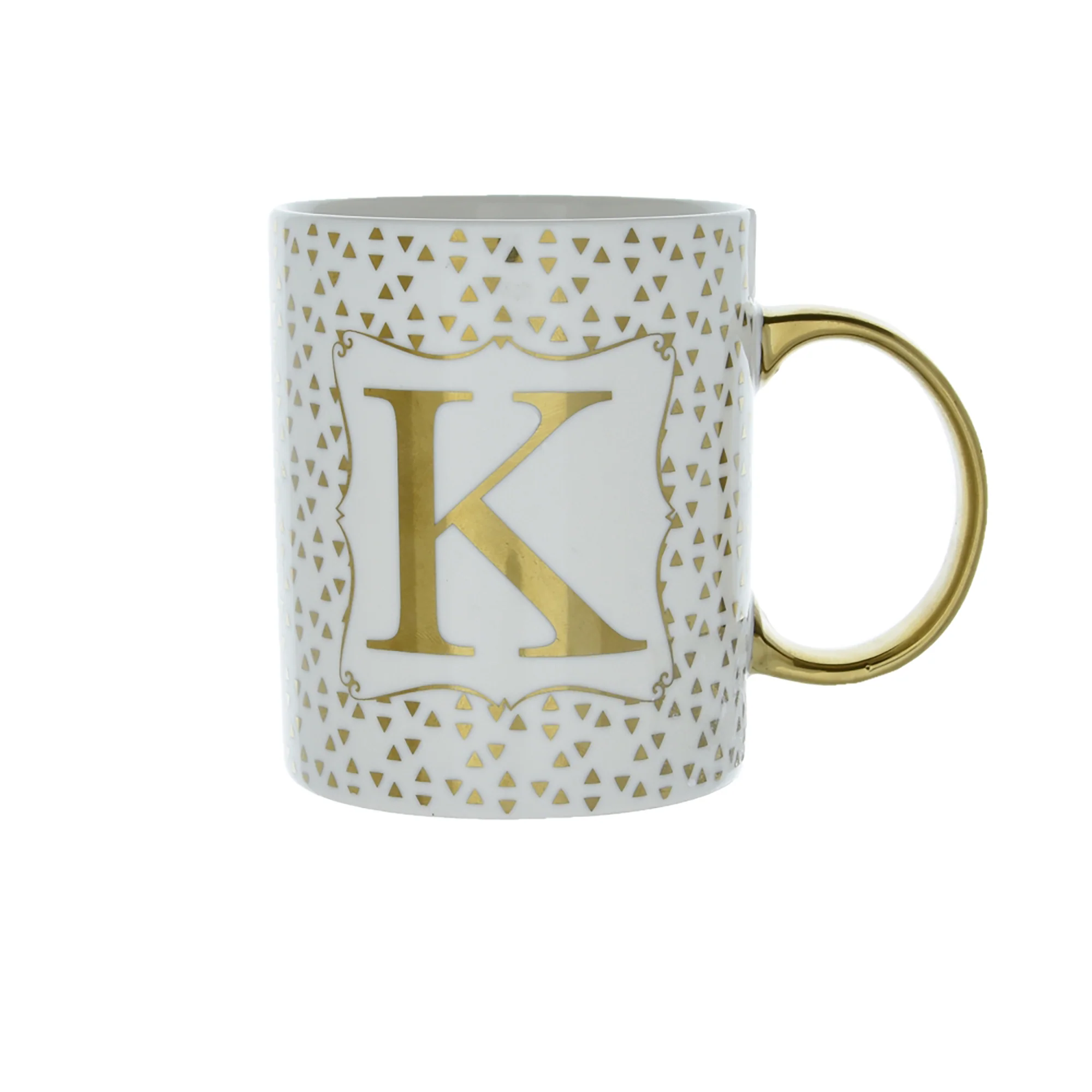 Gold and White Personalised Mug with a Gold Handle and Initial "K" Design - Image 2
