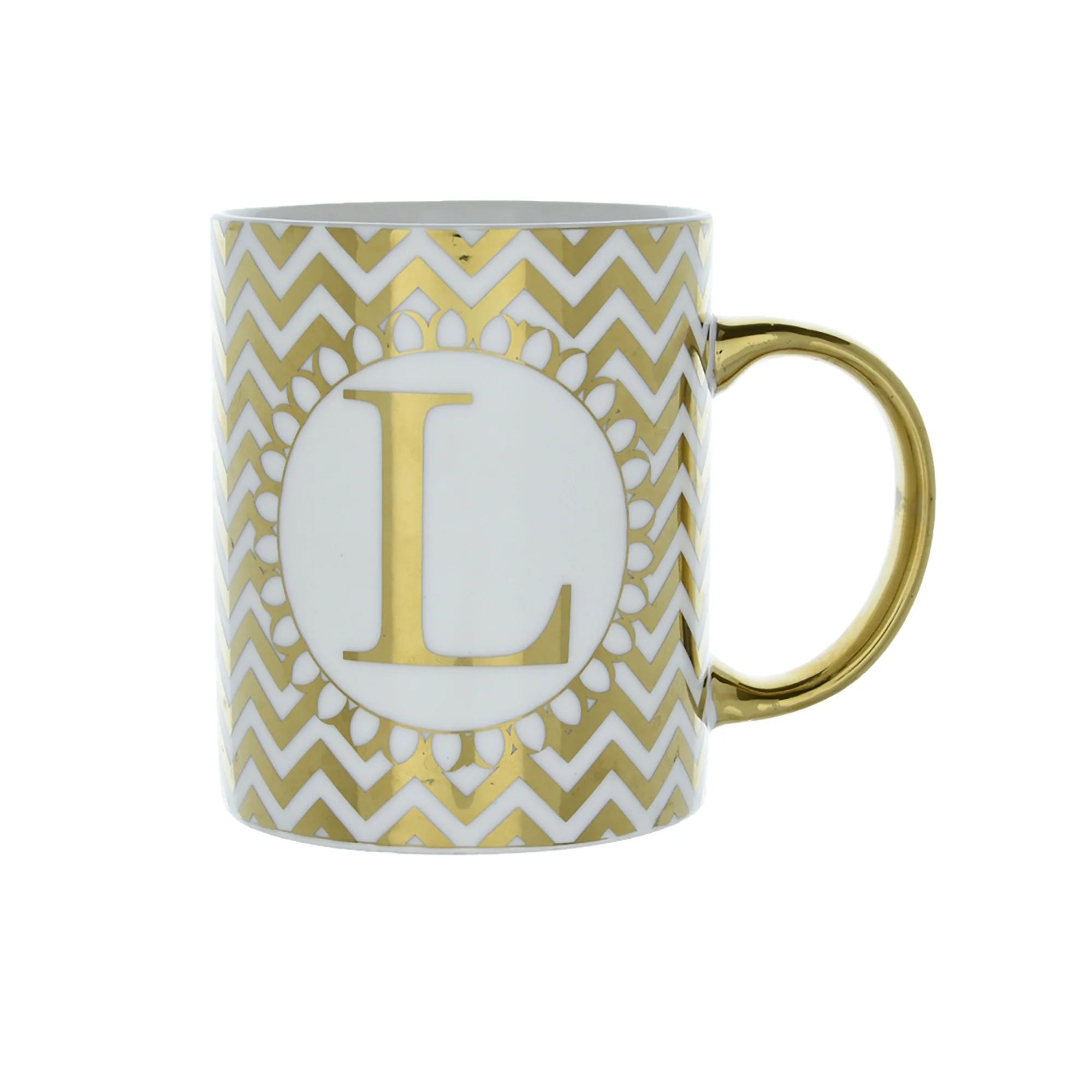 Gold and White Personalised Mug with a Gold Handle and Initial "L" Design - Image 2