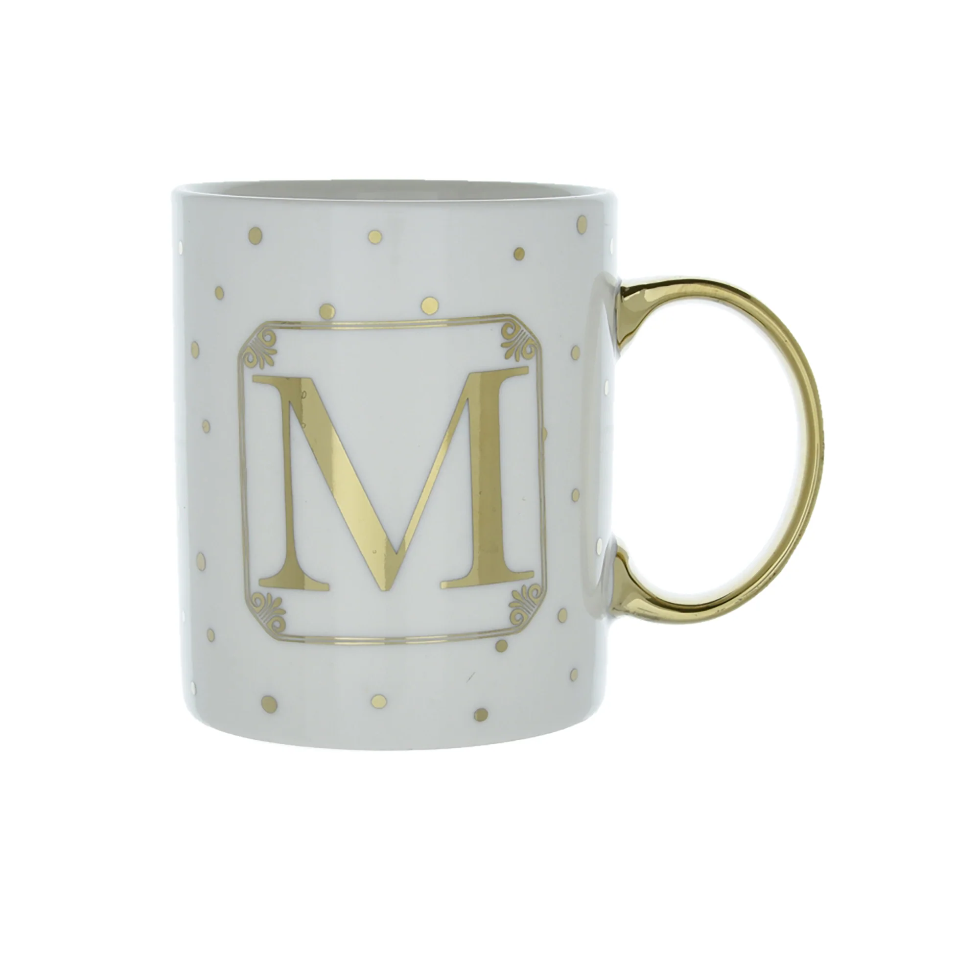 Gold and White Personalised Mug with a Gold Handle and Initial "M" Design - Image 2
