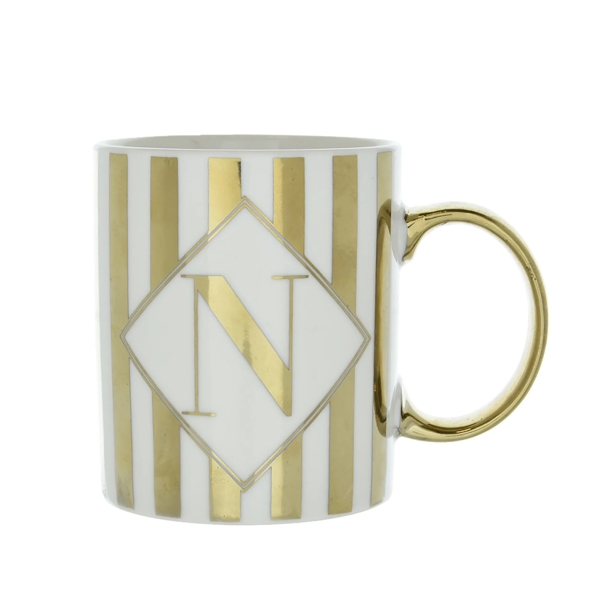 Gold and White Personalised Mug with a Gold Handle and Initial "N" Design - Image 2