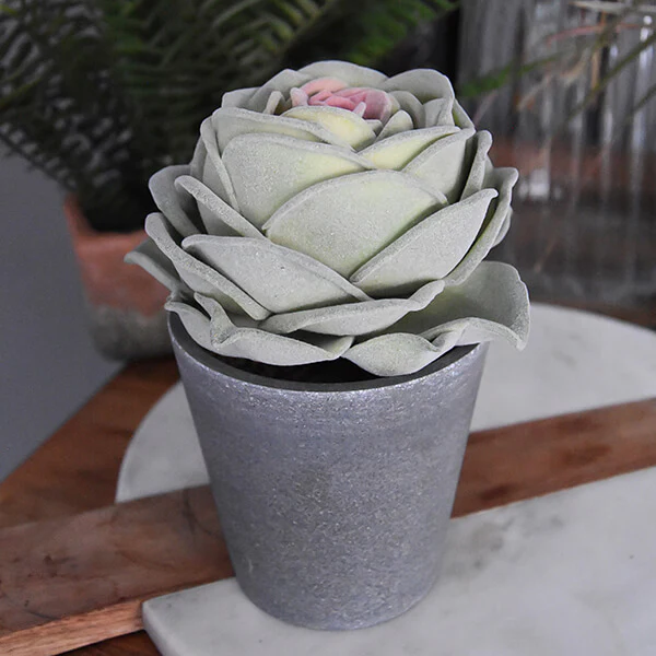 Elegant Lifelike Green Faux Rose in Stylish Grey Pot