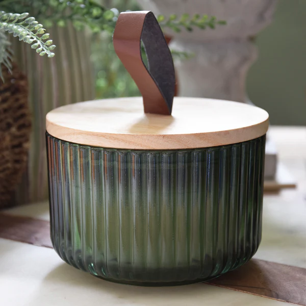 Elegant Green Ridged Glass Candle with Wooden Lid with Sicilian Basil & Wild Lemon