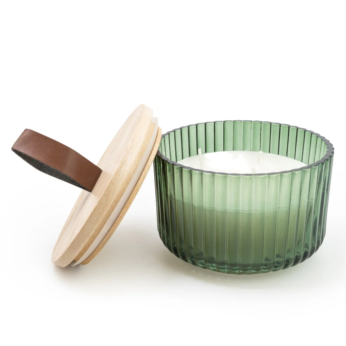 Elegant Green Ridged Glass Candle with Wooden Lid with Sicilian Basil & Wild Lemon - Image 2