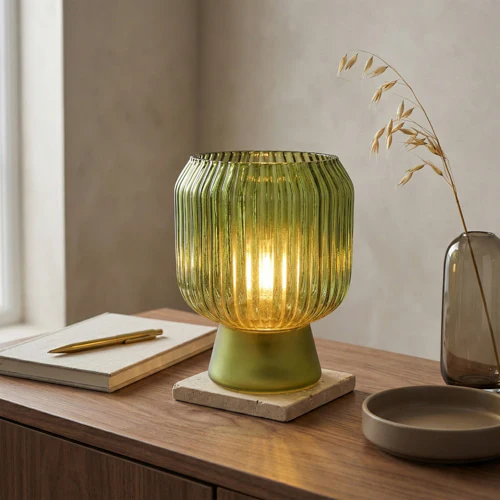 Green Ridged Glass LED Lamp