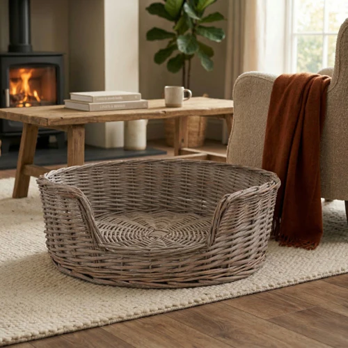 Grey Wicker Dog Basket