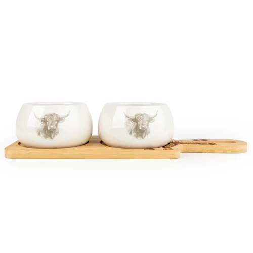 Highland Cow Bowls Set of 2 on Bamboo Serving Tray - Image 3