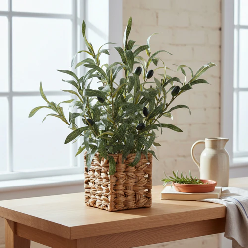 43cm Indoor Olive Tree in Wicker Basket – Artificial Olive Plant