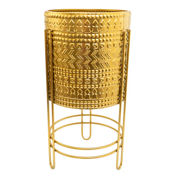 Luxurious Large Gold Embossed Metal Planter with Stand - Image 2