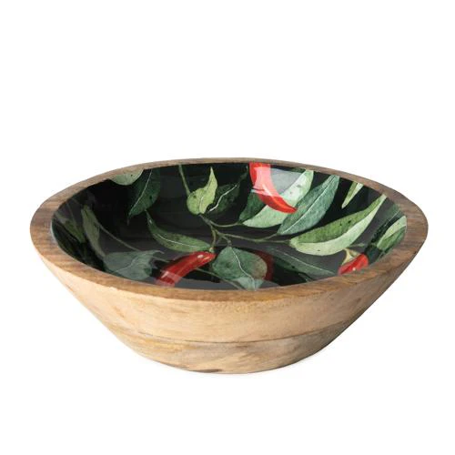 Large Mango Wood Bowl with Chilli Enamel Print - Image 2