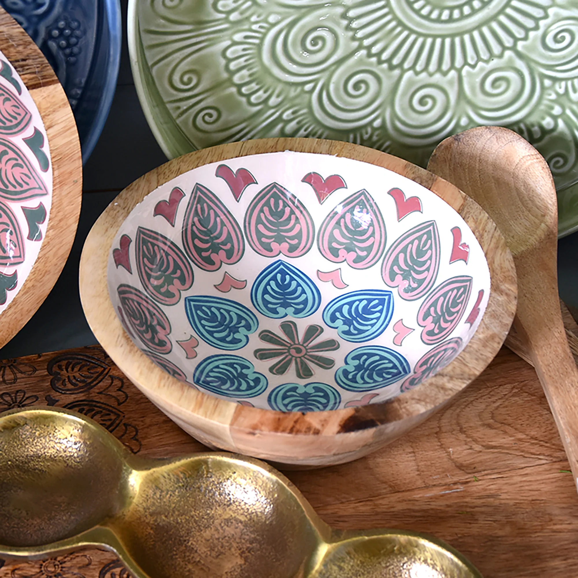 Large Mango Wood Bowl with Meze Enamel Interior