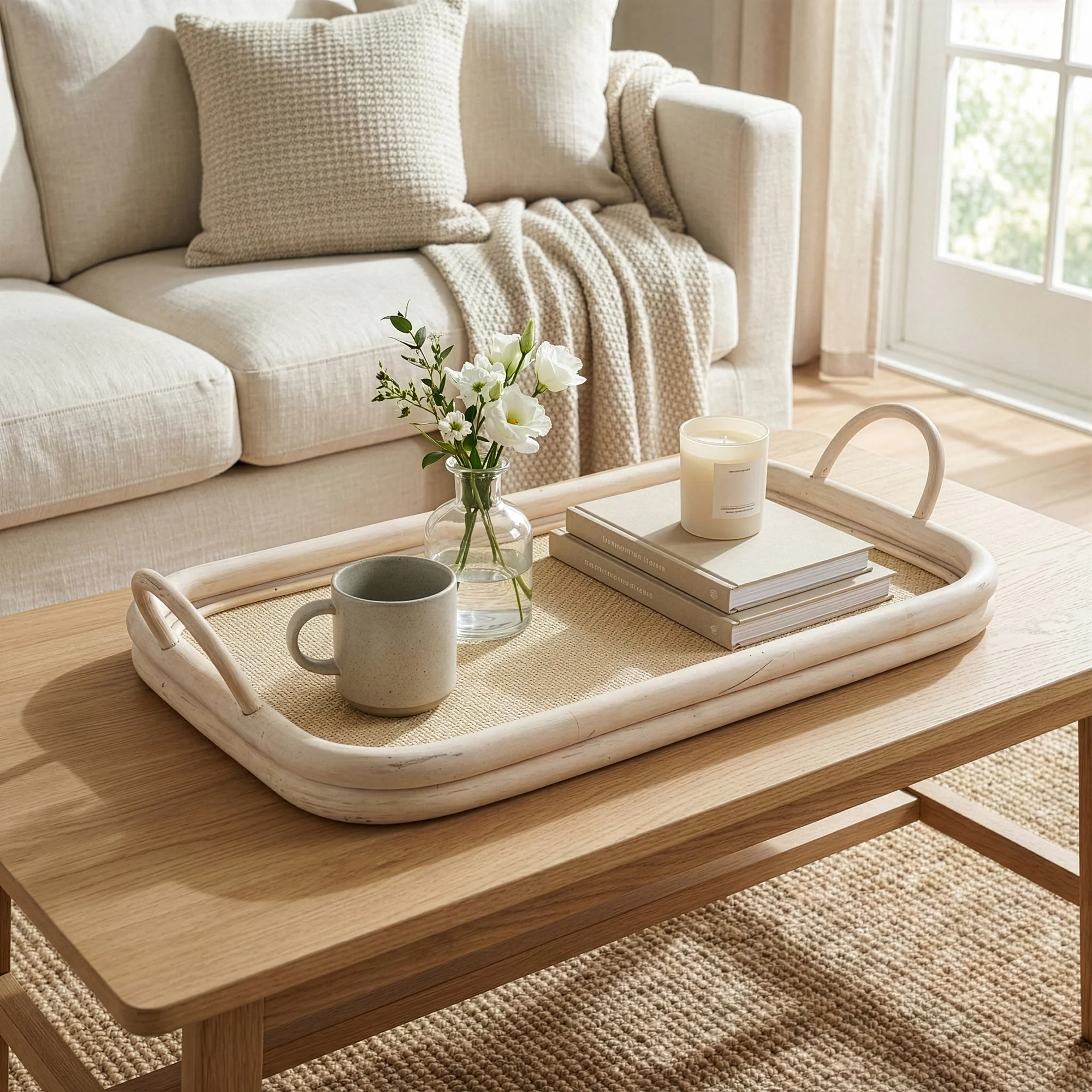 Large Rattan Tray with Handles