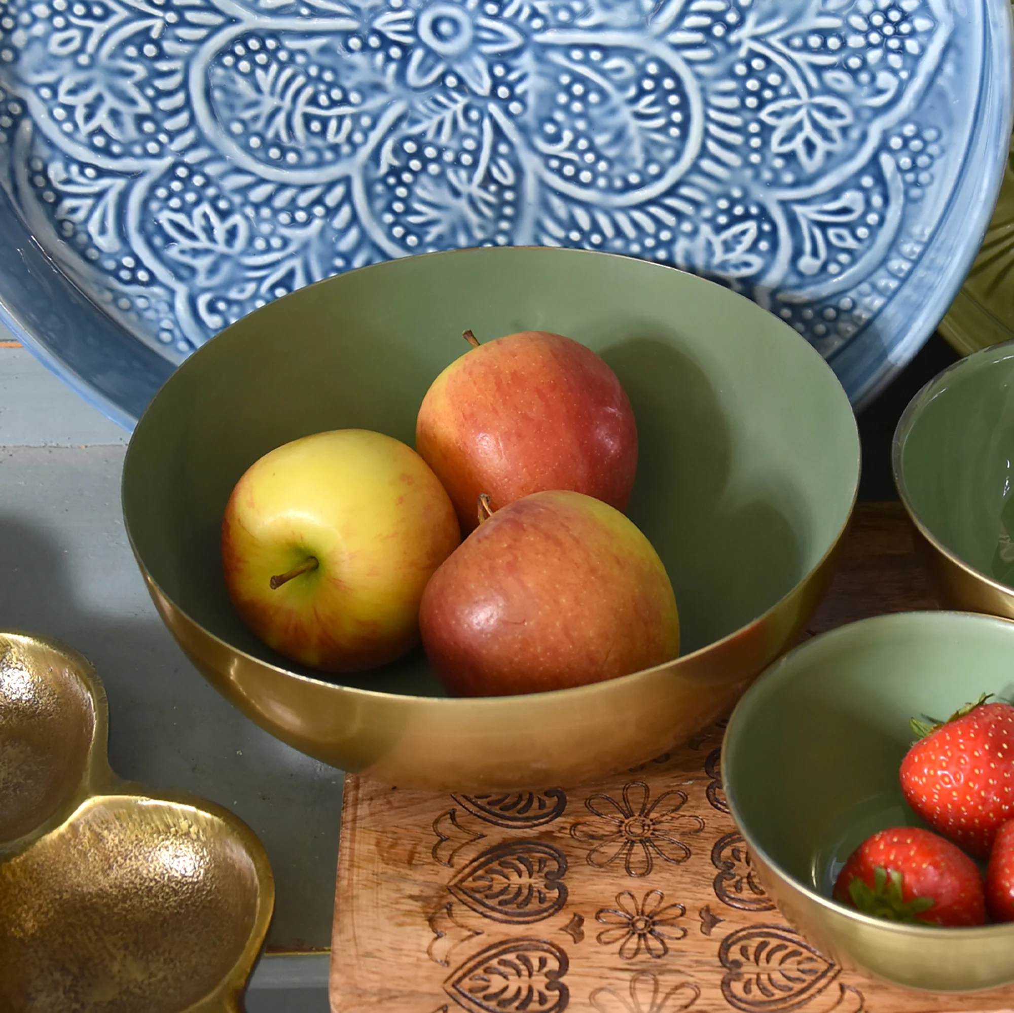 Large Olive Green Metal & Enamel Round Bowl