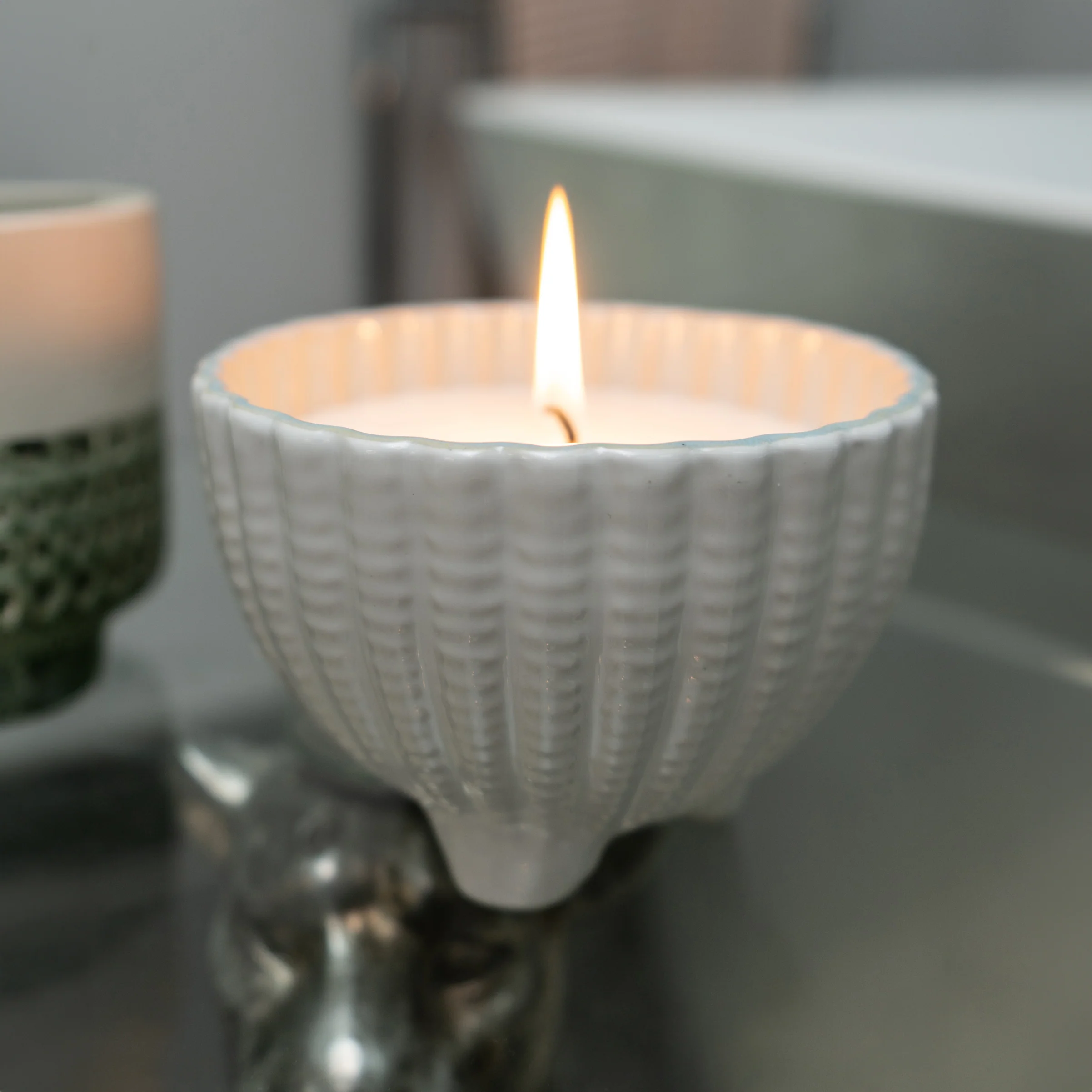 Large Shell Candle in a Reactive Glaze Pot - Image 2