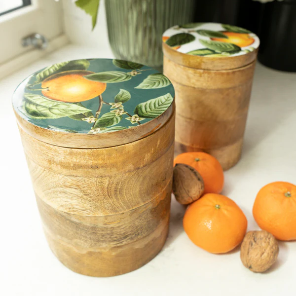 Large Storage Jar Mango Wood with Enamel Inlay Orange Blossom - Green - Image 2