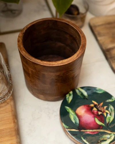 Large Storage Jar Mango Wood with Enamel Inlay Pomegranate - Green - Image 2