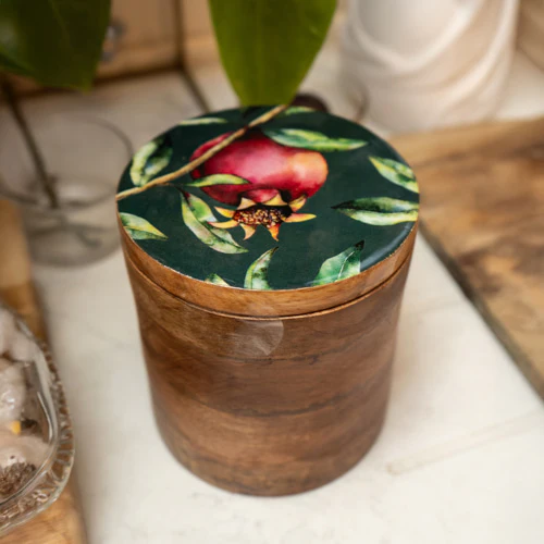 Large Storage Jar Mango Wood with Enamel Inlay Pomegranate - Green - Image 4