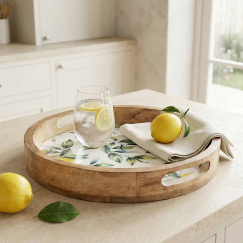 Mango Wood Lemon Print Round Tray