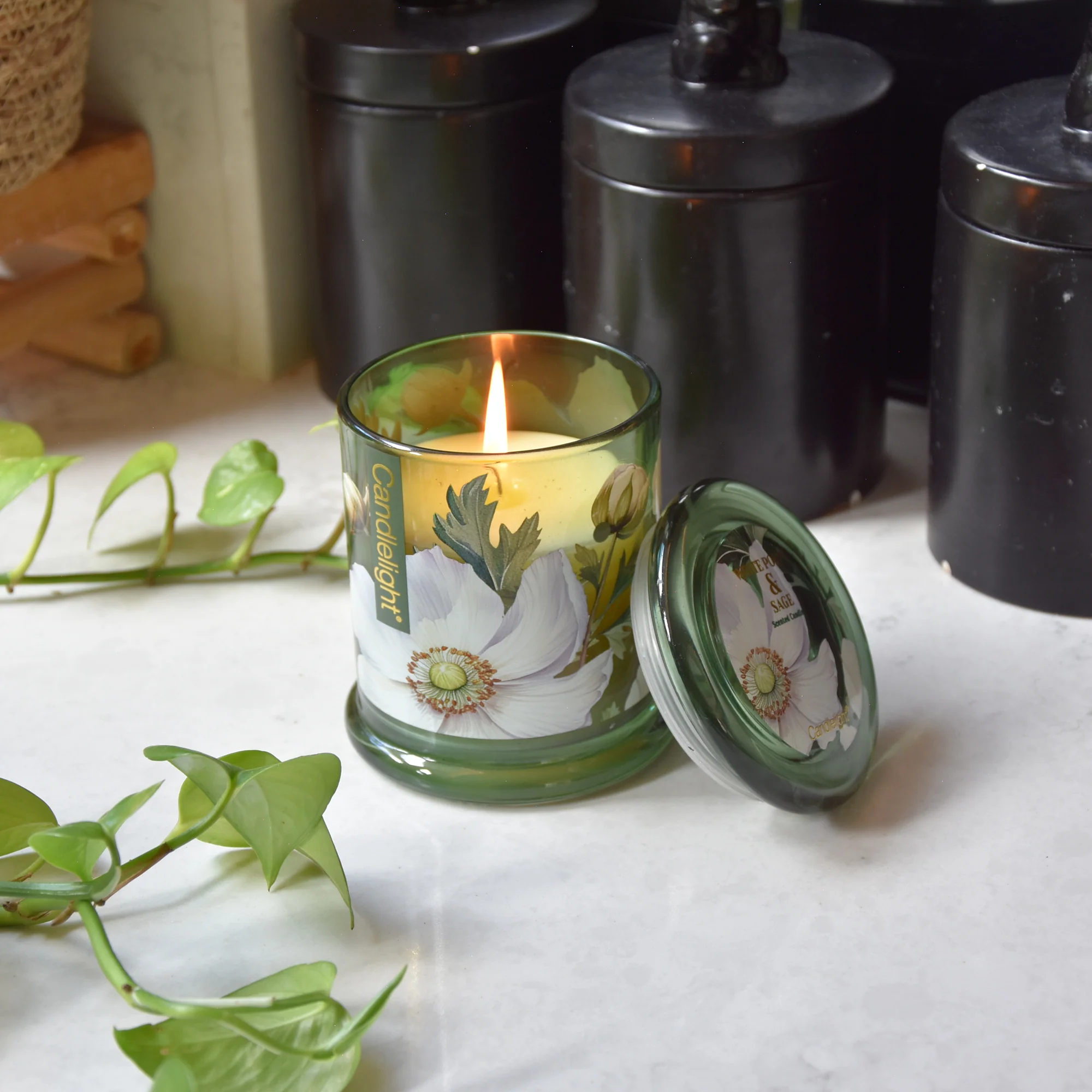 Large White Poppy & Sage Lidded Jar Candle