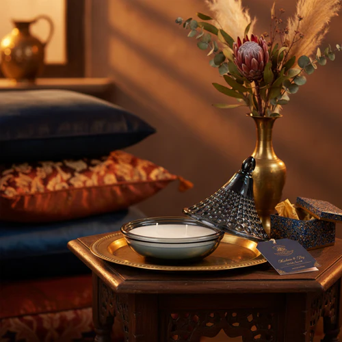 Luxury Kashmir Pear & Fig Candle in Blue Glass Holder - Image 2
