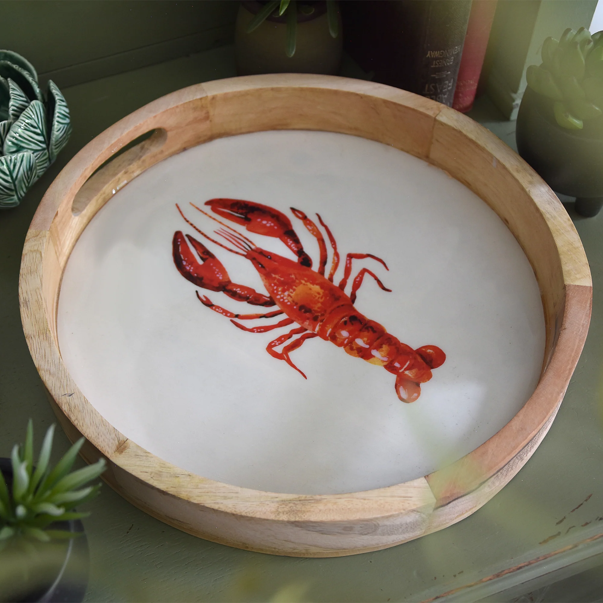 Mango wood round tray with lobster inlay
