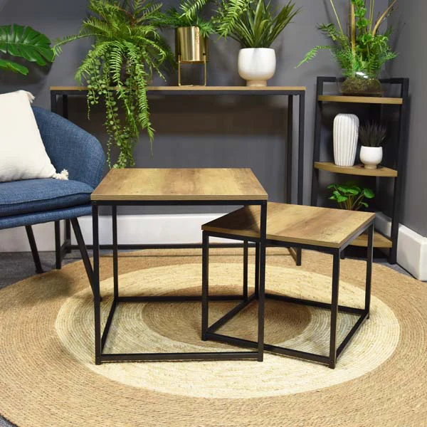 Modern Nesting Tables - Set of 2, Oak Wood & Metal Finish - Image 2