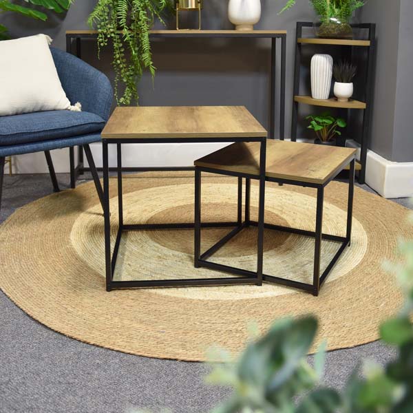 Modern Nesting Tables - Set of 2, Oak Wood & Metal Finish - Image 3
