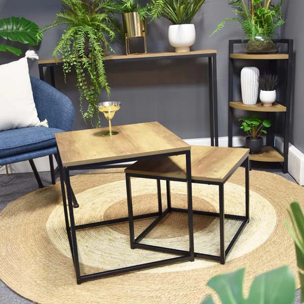 Modern Nesting Tables - Set of 2, Oak Wood & Metal Finish - Image 4