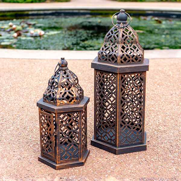 Artisan Medium Brown Lantern with Intricate Cut-Out Design