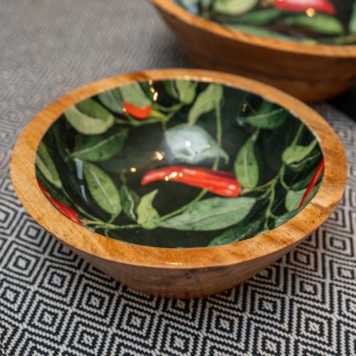 Medium Mango Wood Bowl with Chilli Enamel Print