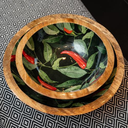 Medium Mango Wood Bowl with Chilli Enamel Print - Image 2