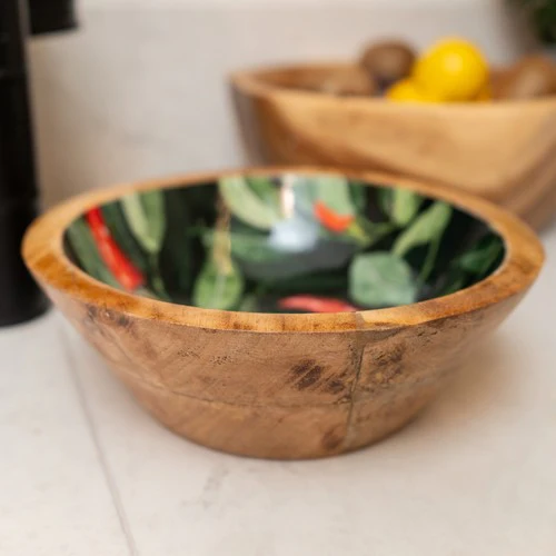 Medium Mango Wood Bowl with Chilli Enamel Print - Image 3