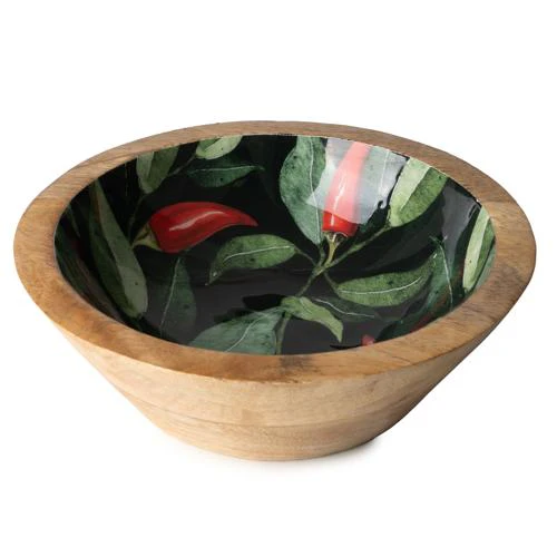 Medium Mango Wood Bowl with Chilli Enamel Print - Image 5