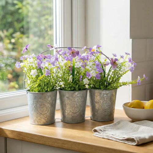 Set of 3 Metal Garden Planters with Purple & White Flowers