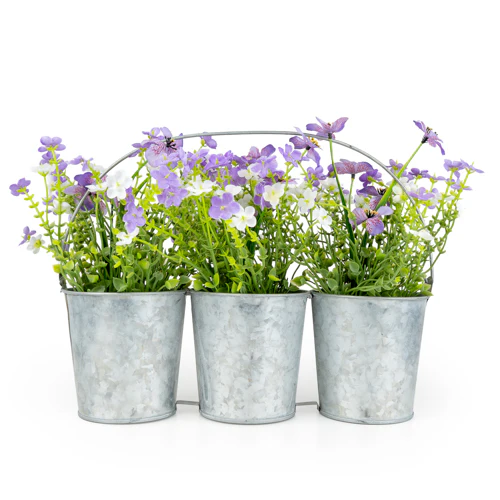 Set of 3 Metal Garden Planters with Purple & White Flowers - Image 2