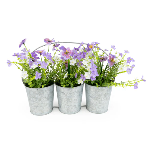 Set of 3 Metal Garden Planters with Purple & White Flowers - Image 3
