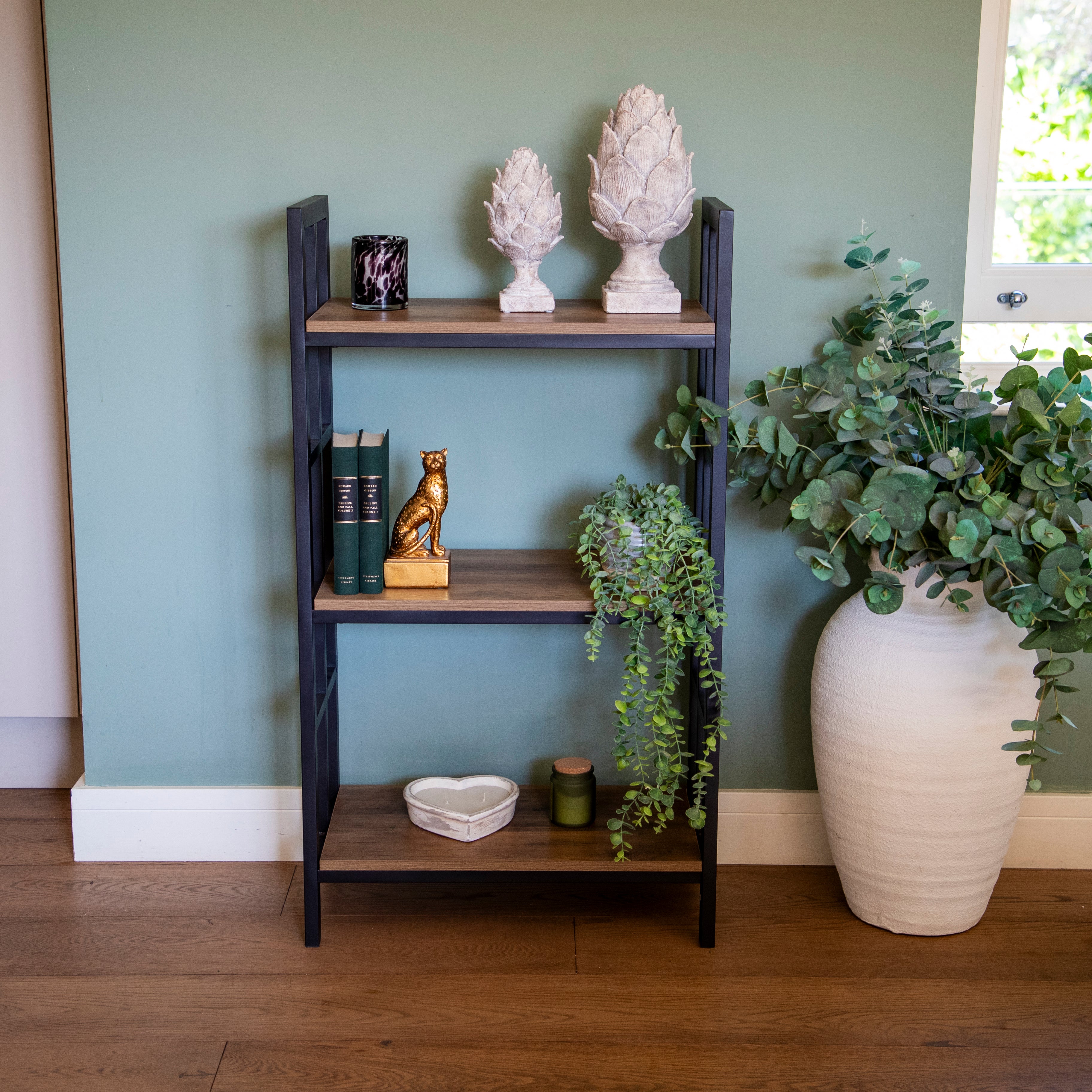 Modern Fusion: Oak Wood and Metal 3-Shelf Freestanding